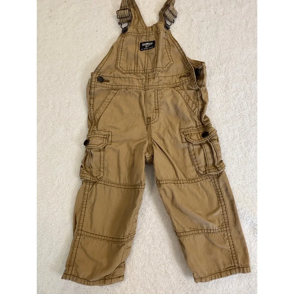 OshKosh‎ Bgosh Kids Cargo Overalls Tan Khaki Bibs 24M Snap Inseam Pants